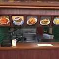 Restaurant Order Counter With Green Tile Wall Menu Display Wooden Counter And Kitchen Appliances