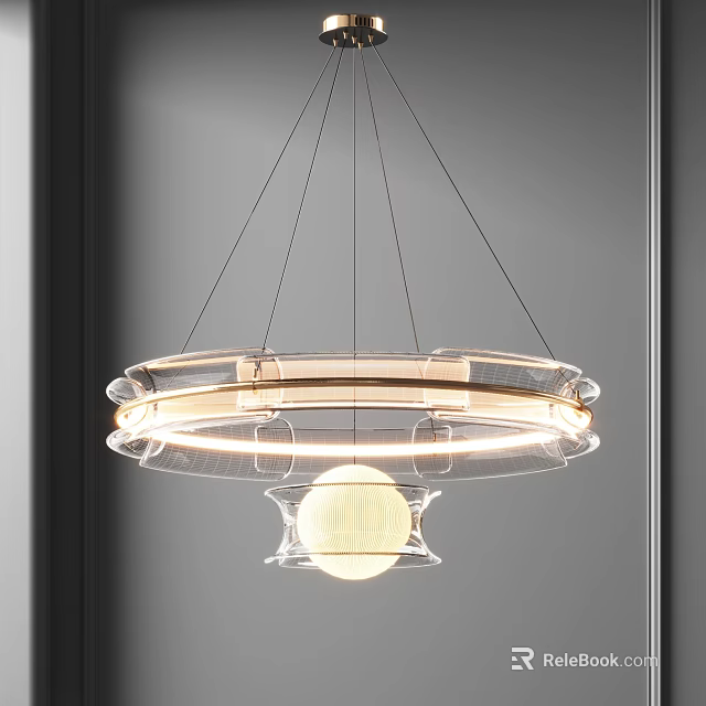Modern Transparent Chandelier with Circular Glass Rings and Spherical Light Source for Contemporary Interior 3d model 