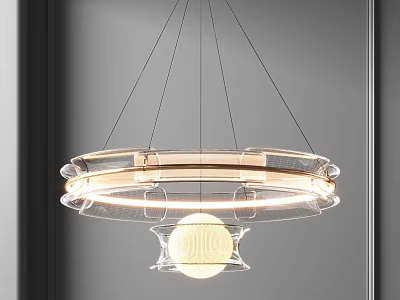 Modern Transparent Chandelier with Circular Glass Rings and Spherical Light Source for Contemporary Interior 3d model