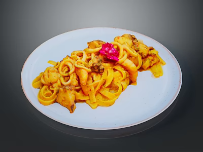 Delicious Yellow Fettuccine Pasta With Mushroom Sauce And Red Garnish 3d model