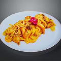 Delicious Yellow Fettuccine Pasta With Mushroom Sauce And Red Garnish