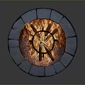 Circular Stone Fire Pit With Burning Wood Logs And Metal Fire Ring