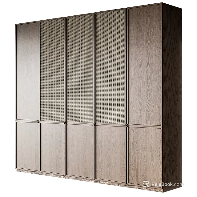 Modern Wooden Wardrobe With Sleek Slatted Doors And Minimalist Design 3d model 