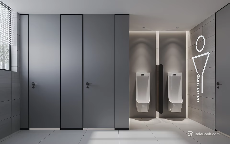 Modern Bathroom Interior With Gray Partitions White Urinals And Tile Walls 3d model 