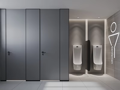 Modern Bathroom Interior With Gray Partitions White Urinals And Tile Walls 3d model