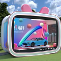 Vibrant Specialty Store Featuring Pink Ear Display Blue Sports Car And Rainbow For Xiaoxiao Festival