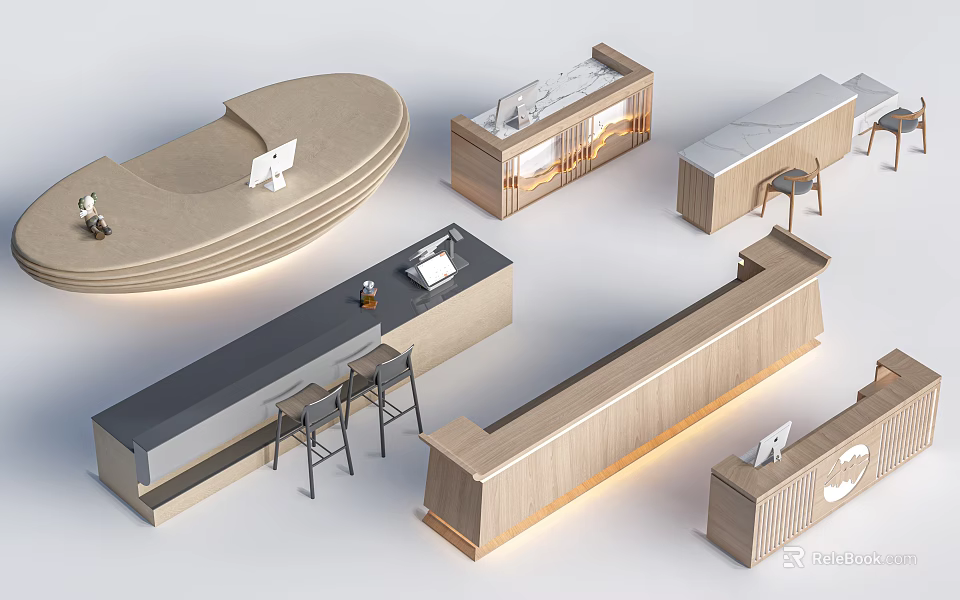 Modern Shop Front Desk Designs With Curved Linear Wooden Counter And Bar Stools 3d model 