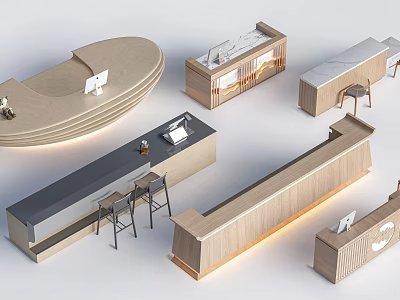 Modern Shop Front Desk Designs With Curved Linear Wooden Counter And Bar Stools 3d model