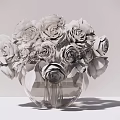 White Roses Arrangement In Transparent Glass Vase With Green Leaves On Gray Surface