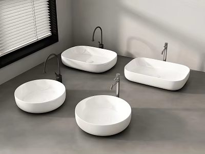 Modern Ceramic Bathroom Sinks With Round And Oval Shapes And Chrome Faucets On Gray Countertop 3d model