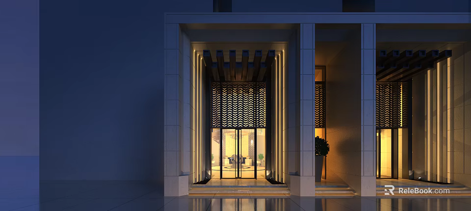 Illuminated Modern Entrance Gate with Glass Doors Portico Lattice Screens Stone Steps and Potted Plant 3d model 