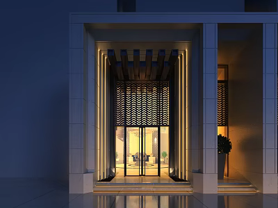 Illuminated Modern Entrance Gate with Glass Doors Portico Lattice Screens Stone Steps and Potted Plant 3d model