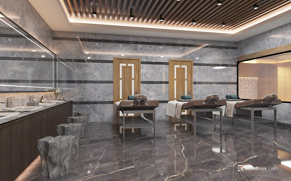 Luxury SPA Sauna Interior With Marble Walls Wooden Ceiling And Massage Beds 3d model 