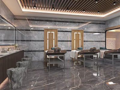 Luxury SPA Sauna Interior With Marble Walls Wooden Ceiling And Massage Beds 3d model