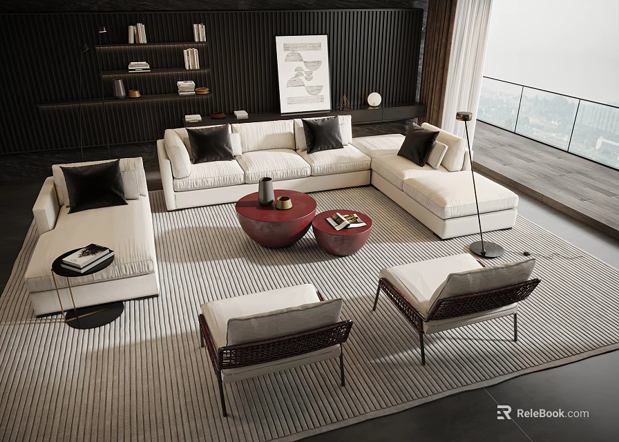 Modern White Sofa and Red Coffee Table Set with Black Cushions Accent Chairs and Rug 3d model 