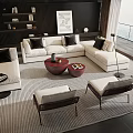 Modern White Sofa and Red Coffee Table Set with Black Cushions Accent Chairs and Rug