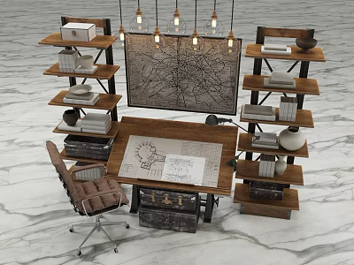 Home Office Desk With Blueprint Wooden Shelves Books Hanging Lamps And Leather Chair 3d model
