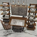 Home Office Desk With Blueprint Wooden Shelves Books Hanging Lamps And Leather Chair