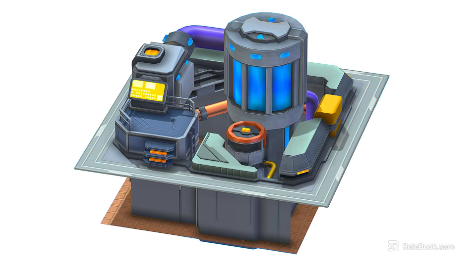 Cartoon Futuristic Mechanical Scene With Blue Glowing Core Control Panel And Pipes 3d model 