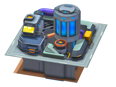 Cartoon Futuristic Mechanical Scene With Blue Glowing Core Control Panel And Pipes 3d model