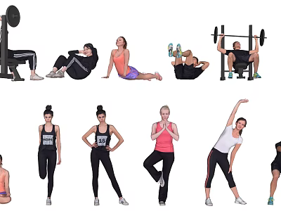 Group of People Doing Various Fitness Exercises and Workout Poses with Equipment 3d model