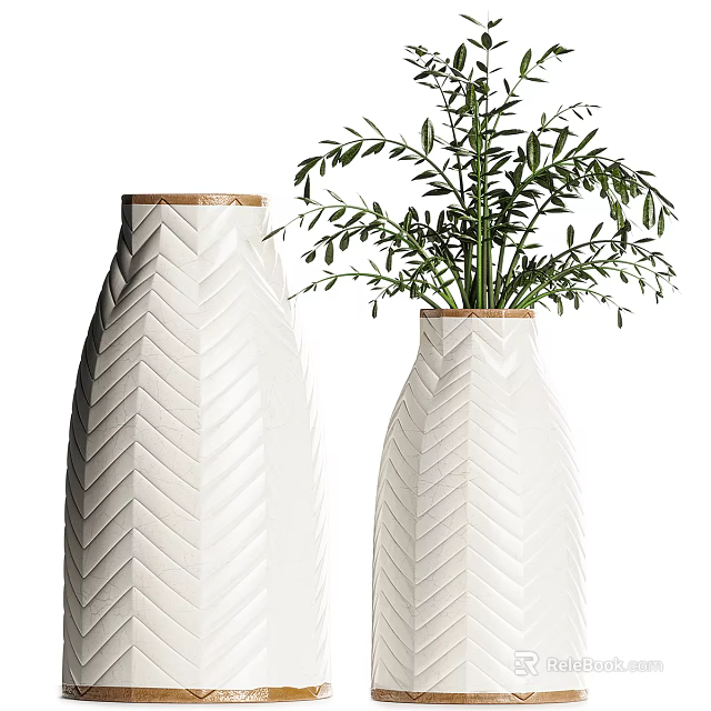Two White Ceramic Vases With Herringbone Pattern And Green Plants For Home Decor 3d model
