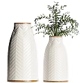 Two White Ceramic Vases With Herringbone Pattern And Green Plants For Home Decor 3d model