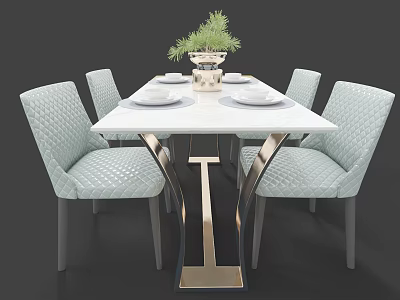 Dining Table Set With White Tabletop Golden Metal Legs And Light Gray Textured Chairs 3d model