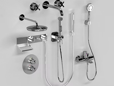 Modern Shower Faucets with Chrome Finish Wall Mounted Design and Handheld Showerheads Multiple Controls 3d model