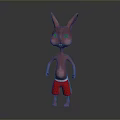 3D Cartoon Pink Rabbit Wearing Red Shorts Standing on Gray Background