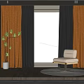 Orange And White Curtains In Modern Interior With Mountain View And Armchair