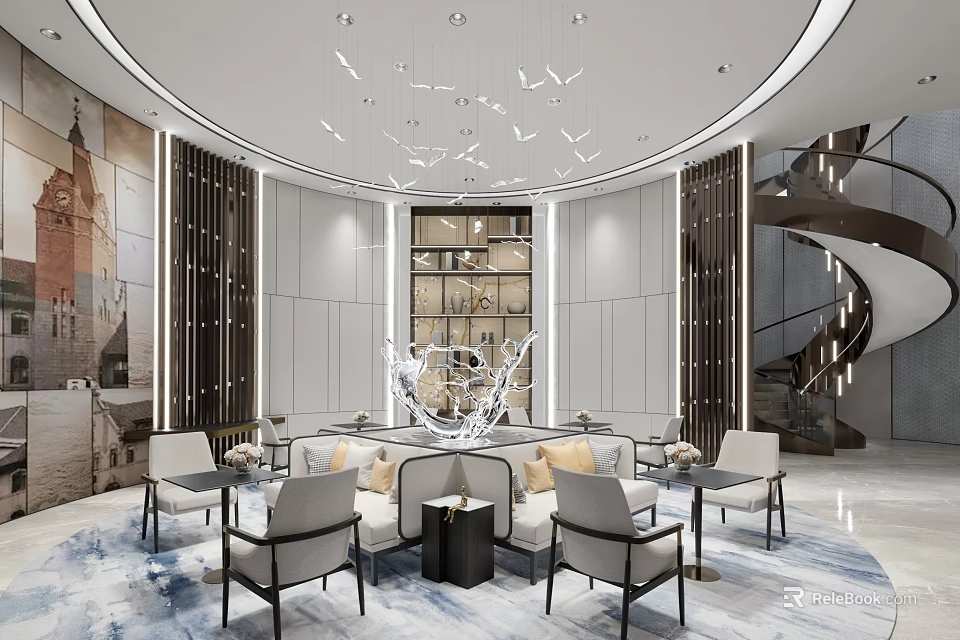 Modern Leisure Area Interior Design With Sofas Coffee Tables And Chandeliers 3d model 