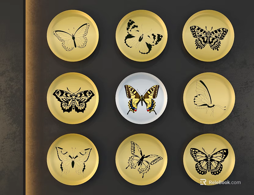 Various Butterfly Pattern Plates Gold and White Wall Decor for Home Interior 3d model 