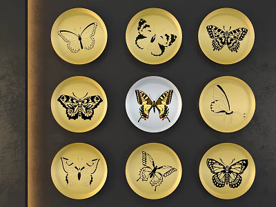 Various Butterfly Pattern Plates Gold and White Wall Decor for Home Interior 3d model