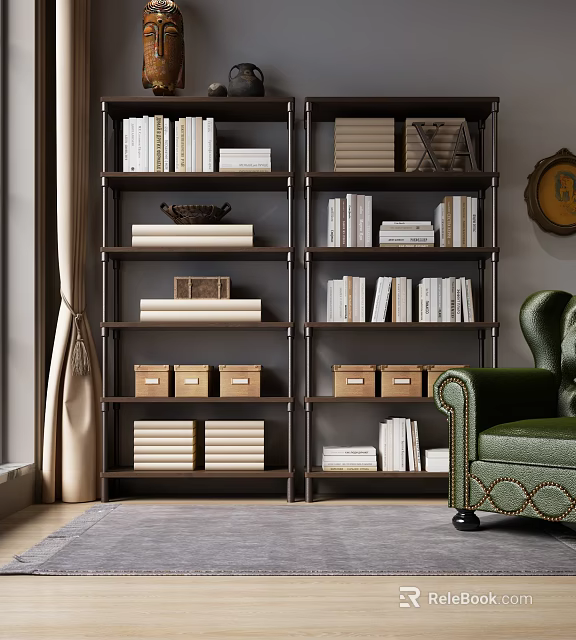 Modern Bookcase with Stacked Books Storage Boxes Green Armchair Curtains and Circular Wall Art 3d model 