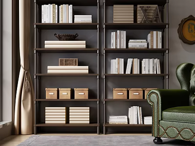 Modern Bookcase with Stacked Books Storage Boxes Green Armchair Curtains and Circular Wall Art 3d model