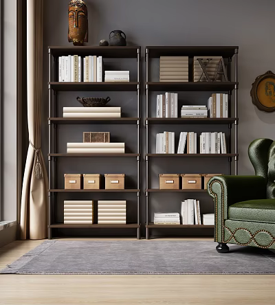 Modern Bookcase with Stacked Books Storage Boxes Green Armchair Curtains and Circular Wall Art 3d model