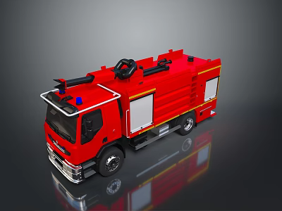 Red Fire Truck With Emergency Ladder And Water Tank On Reflective Surface 3d model