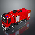 Red Fire Truck With Emergency Ladder And Water Tank On Reflective Surface