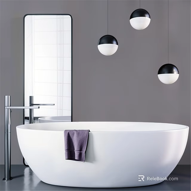White Bathtub with Purple Towel Gray Wall White Tiles and Hanging Black Sphere Lights 3d model 