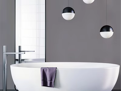 White Bathtub with Purple Towel Gray Wall White Tiles and Hanging Black Sphere Lights 3d model