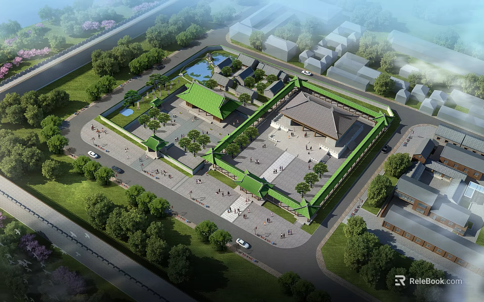 Ancient Chinese Architecture Aerial View of Traditional Courtyard with Green Roofs and Open Plaza 3d model 