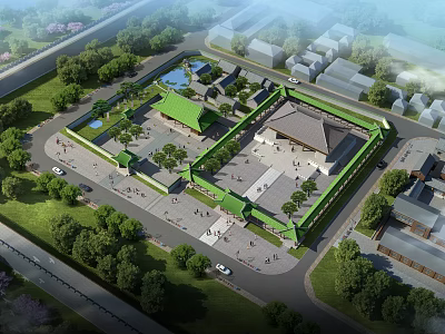 Ancient Chinese Architecture Aerial View of Traditional Courtyard with Green Roofs and Open Plaza 3d model