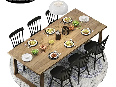 Wooden Dining Table And Black Chairs With Plates Food Green Plants And Hanging Lamp 3d model