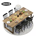 Wooden Dining Table And Black Chairs With Plates Food Green Plants And Hanging Lamp