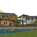 Traditional Chinese Style Houses With Trees River And Yellow Green Farmland In Rural Scene