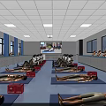 Medical Training Laboratory With Mannequins on Mats Red Boxes Large Screen and Cabinets