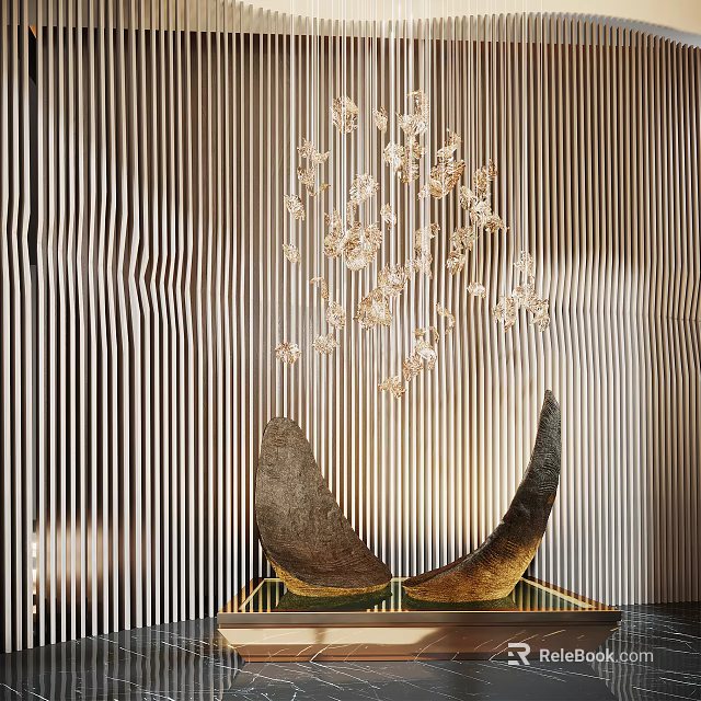 Elegant Crescent Shaped Sculpture With Symmetrical Golden Base Against Striped Wall And Crystal Chandelier 3d model 