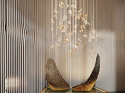 Elegant Crescent Shaped Sculpture With Symmetrical Golden Base Against Striped Wall And Crystal Chandelier 3d model