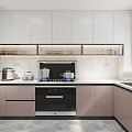 Modern Kitchen Interior With White And Pink Cabinets Marble Countertop And Appliances